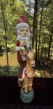 Vintage Old World Pencil Santa Candlestick Riding Reindeer Candleholder -C36